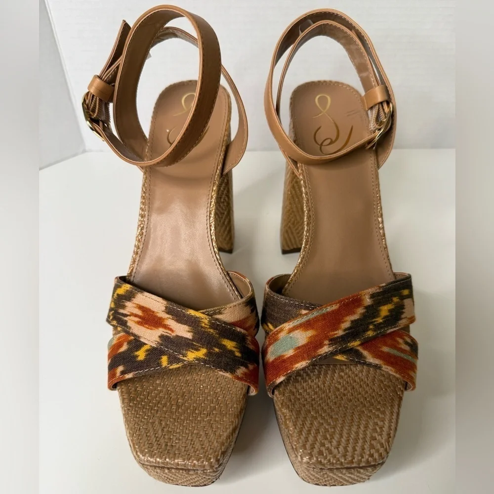 Sam Edelman Women's Nolita Raffia Platform Sandals Size 10.5M Leather Boho Print
